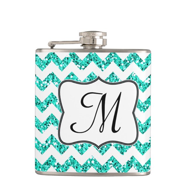 Modern Teal Glitter Chevron Monogram Whiskey-kolv Fickplunta (Framsidan)