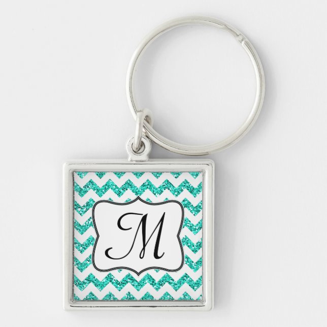 Modern Teal Glitter Chevron Zig Zag Nyckelring (Framsidan)