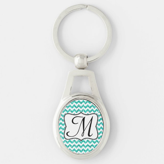 Modern Teal Glitter Chevron Zig Zag Nyckelring (Framsidan)