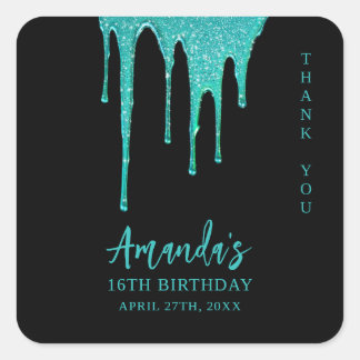 Modern Teal Glitter Drips Sweet 16 Birthday Fyrkantigt Klistermärke