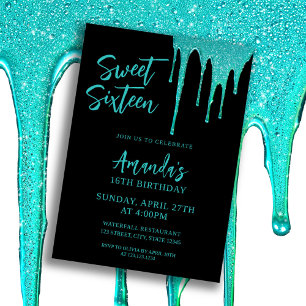 Modern Teal Glitter Drips Sweet 16 Birthday Inbjudningar