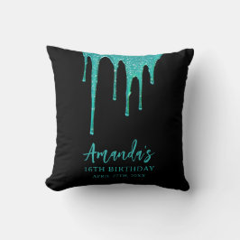 Modern Teal Glitter Drips Sweet 16 Birthday Kudde