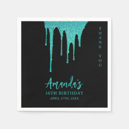 Modern Teal Glitter Drips Sweet 16 Birthday Pappersservett