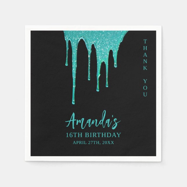 Modern Teal Glitter Drips Sweet 16 Birthday Pappersservett (Framsidan)