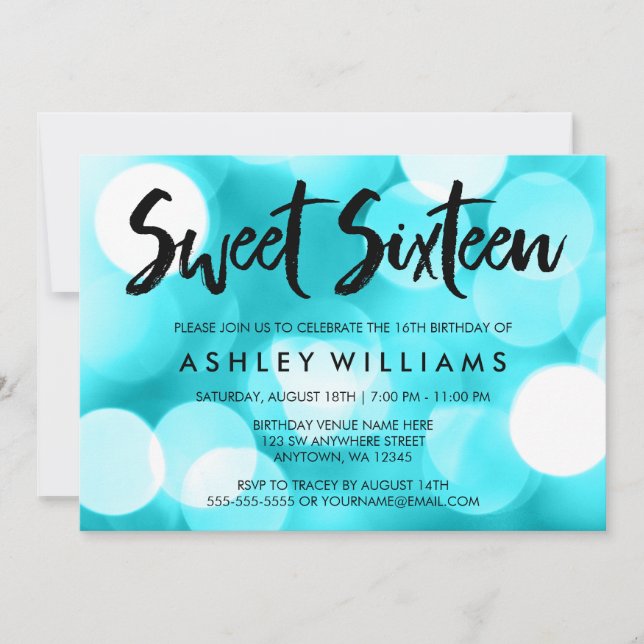Modern Teal Glitter Ljus Sweet 16 inbjudningar (Framsida)
