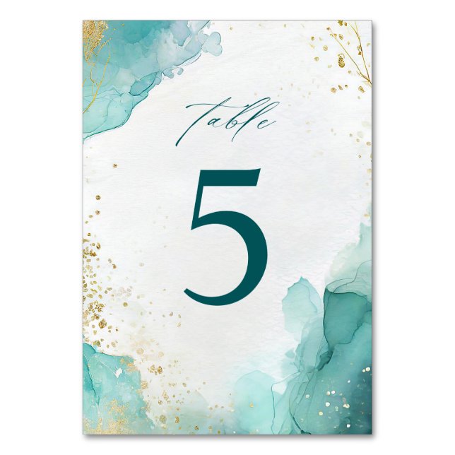 Modern Teal Gold Abstract Beach Wedding Bordsnummer (Framsidan)