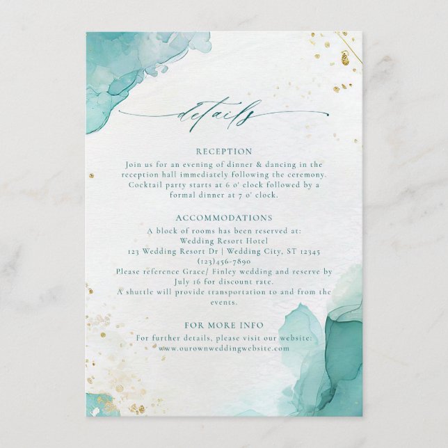 Modern Teal Gold Abstract Beach Wedding Details Tilläggskort (Framsida)