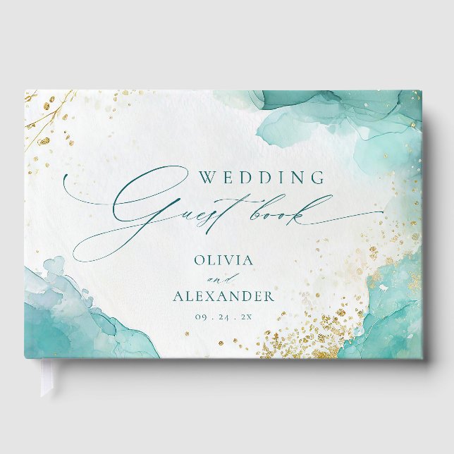 Modern Teal Gold Abstract Beach Wedding Gästböcker (Framsida)
