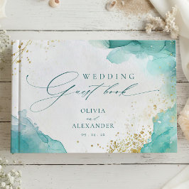 Modern Teal Gold Abstract Beach Wedding Gästböcker