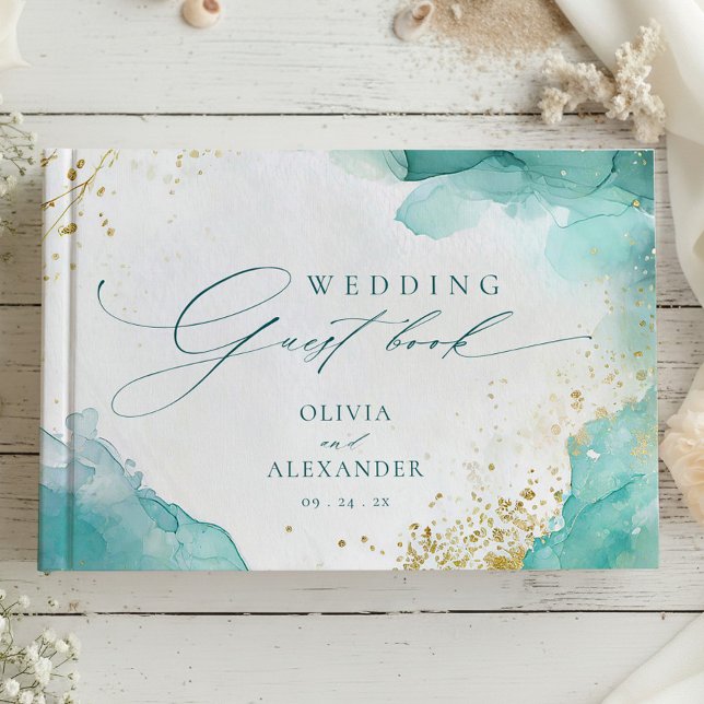Modern Teal Gold Abstract Beach Wedding Gästböcker (Skapare uppladdad)