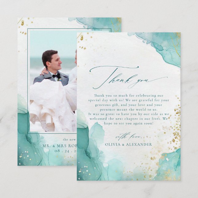 Modern Teal Gold Abstract Beach Wedding Photo Tack Kort (Fram/baksida)