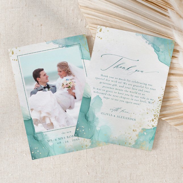 Modern Teal Gold Abstract Beach Wedding Photo Tack Kort (Skapare uppladdad)