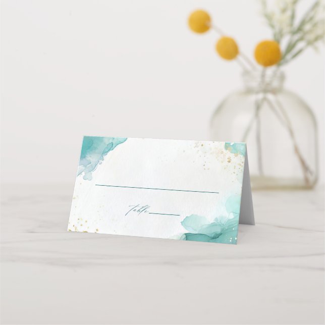 Modern Teal Gold Abstract Beach Wedding Placeringskort (Framsida)