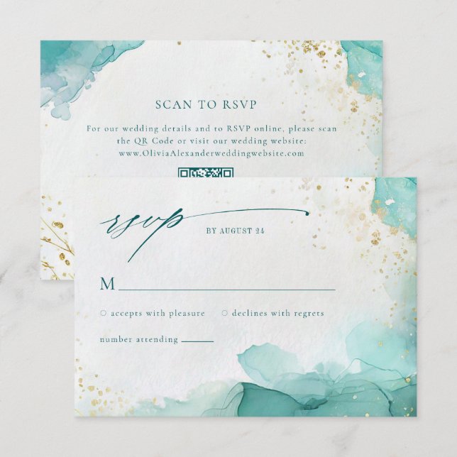 Modern Teal Gold Abstract Beach Wedding QR Code OSA Kort (Fram/baksida)