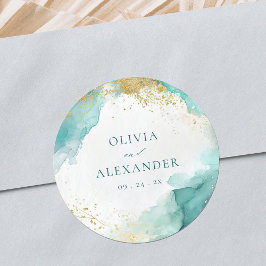 Modern Teal Gold Abstract Beach Wedding  Runt Klistermärke