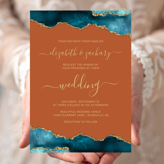 Modern Teal Gold Agate Script Burnt Orange Wedding Inbjudningar (Skapare uppladdad)