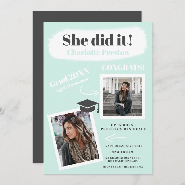 Modern teal grått-brushstroke studenten 2-foton inbjudningar (Fram/baksida)