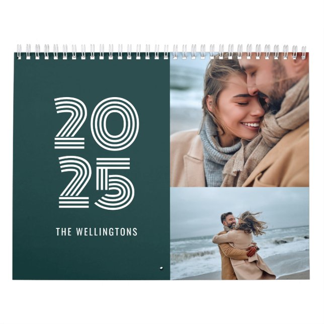 Modern Teal Grönt - fetstil 3 fotofamilj Kalender (Omslag)
