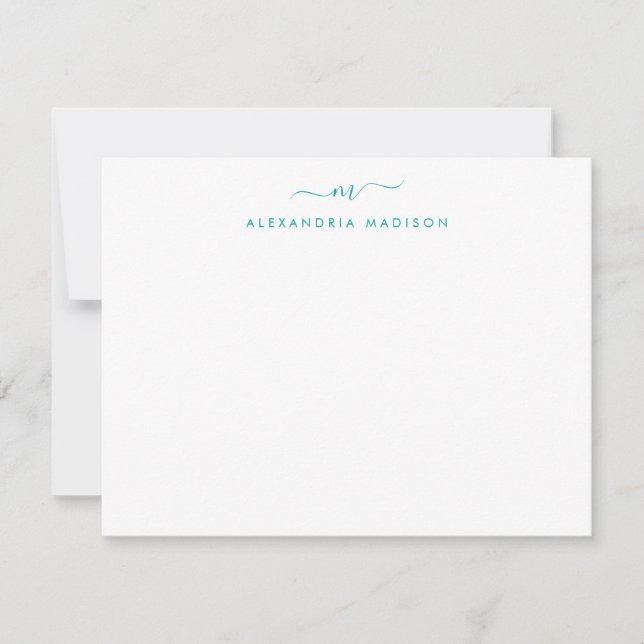 Modern Teal Grönt Script Monogram Swash Stationery Anteckningskort (Framsida)