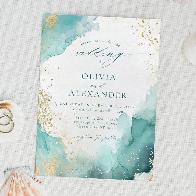 Modern Teal Guld Abstrakt Beach Wedding Inbjudningar (Skapare uppladdad)