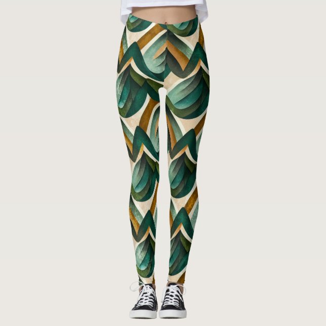 Modern Teal Guld Abstrakt Geometrisk Mönster Leggings (Framsida)