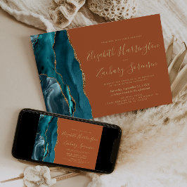 Modern Teal Guld Agat Bränd Orange Bröllop Inbjudningar