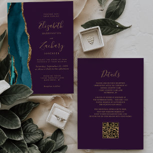 Modern Teal Guld Agat Lila QR-kod Bröllop Inbjudningar