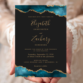 Modern Teal Guld Agat Mörk Bröllop Inbjudningar
