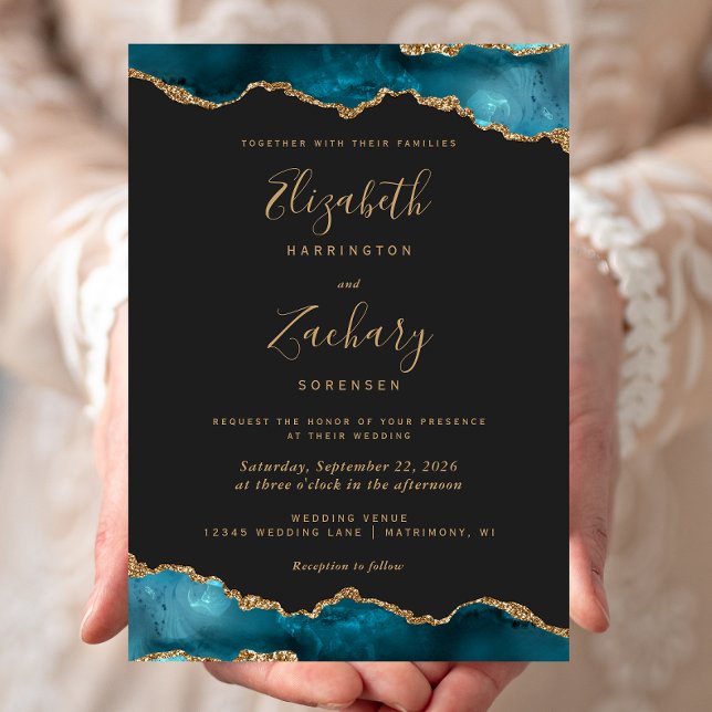 Modern Teal Guld Agat Mörk Bröllop Inbjudningar (Skapare uppladdad)