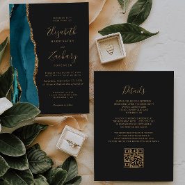 Modern Teal Guld Agat Mörk QR-kod Bröllop Inbjudningar