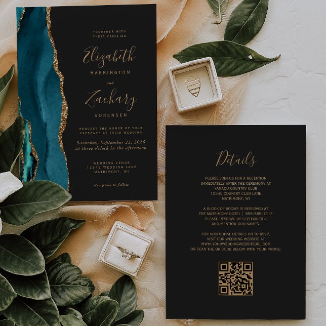Modern Teal Guld Agat Mörk QR-kod Bröllop Inbjudningar (Skapare uppladdad)