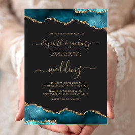Modern Teal Guld Agat Skrift Mörk Bröllop Inbjudningar
