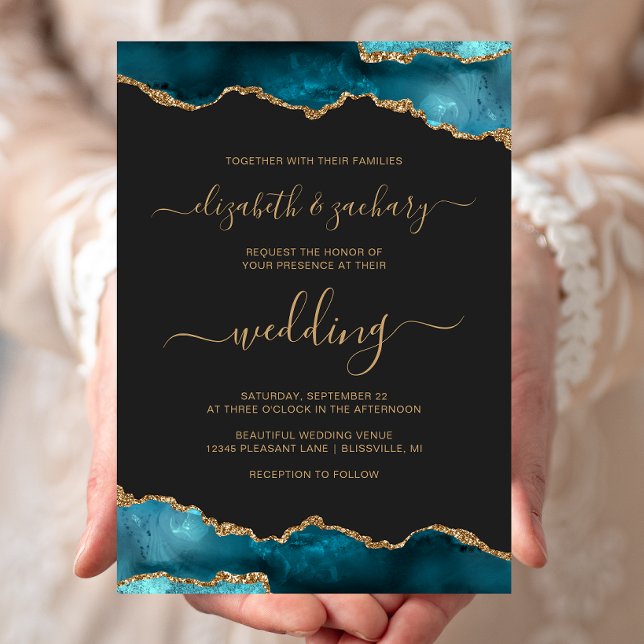 Modern Teal Guld Agat Skrift Mörk Bröllop Inbjudningar (Skapare uppladdad)