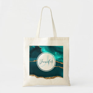 Modern Teal & Guld Agate Abstrakt Monogram Tygkasse