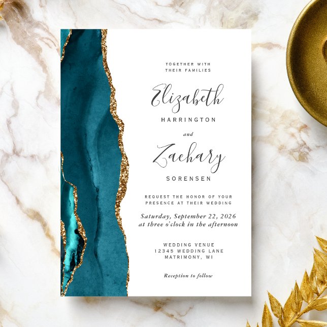 Modern Teal Guld Agate-bröllopsinbjudan Inbjudningar (The perfect choice for a teal and gold themed wedding.)