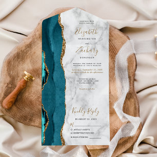 Modern Teal Guld Agate Marble Bröllop