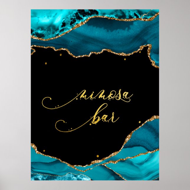 Modern Teal Guld Agate Mimosa Pub Bröllop Poster (Framsidan)