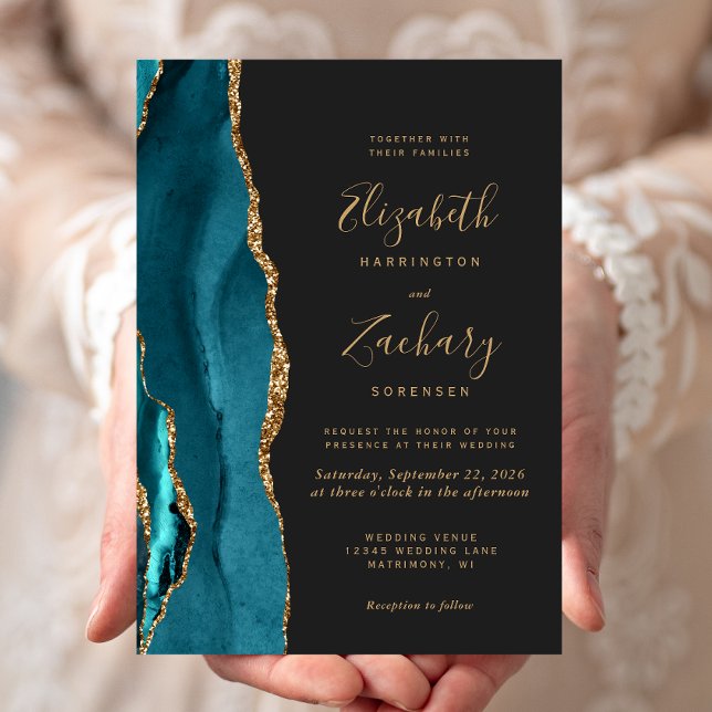 Modern Teal Guld Agate Mörk bröllopsinbjudan Inbjudningar (An elegant way to invite friends and family to share your special day.)
