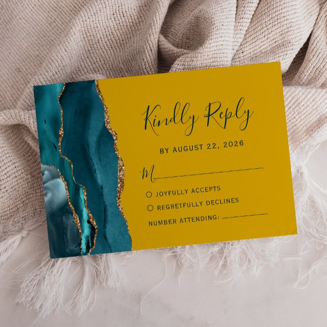 Modern Teal Guld Agate Mustard Bröllop OSA Card Kort (Skapare uppladdad)