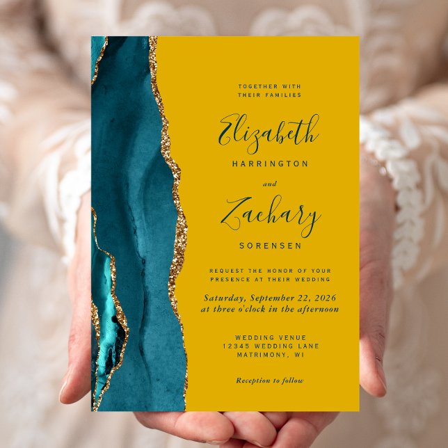 Modern Teal Guld Agate Mustard-bröllopsinbjudan Inbjudningar (Skapare uppladdad)
