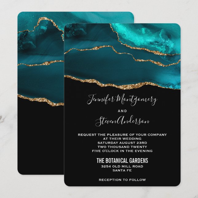 Modern Teal & Guld Agate Stone Abstrakt Bröllop Inbjudningar (Fram/baksida)