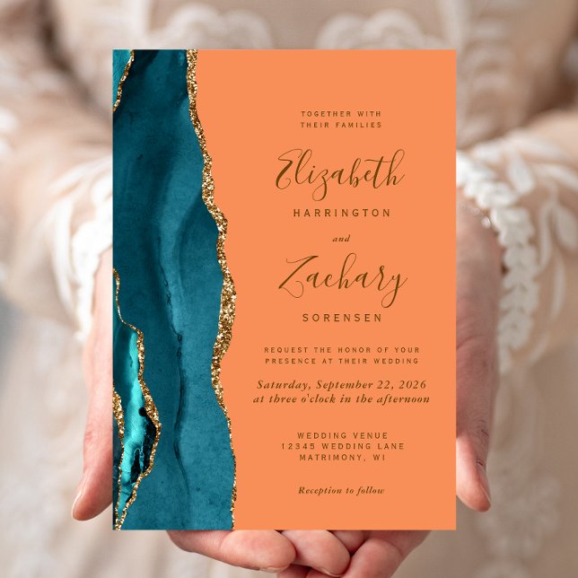 Modern Teal Guld Agate Tangerine Bröllop Inbjudningar (Skapare uppladdad)