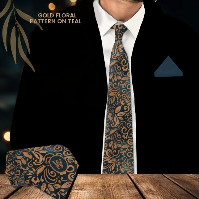 Modern Teal Guld Blommönster Monogram Slips (Modern Teal Gold Floral Pattern Monogram Neck Tie)