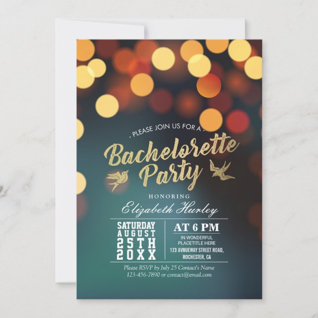 Modern Teal Guld Bokeh Ljus Bachelorette Party Inbjudningar (Framsida)