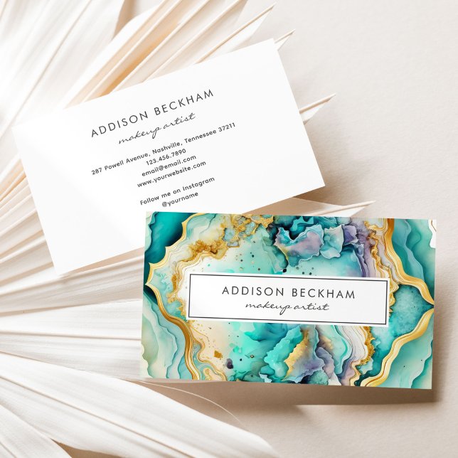 Modern Teal Guld Colorful Abstrakt Watercolor Visitkort (Skapare uppladdad)