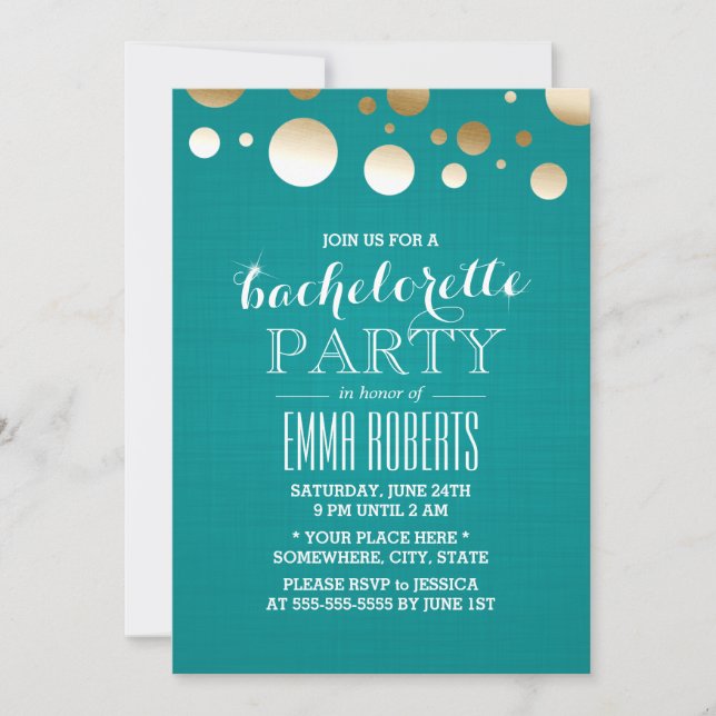 Modern Teal & Guld Dots Linen Bachelorette Party Inbjudningar (Framsida)