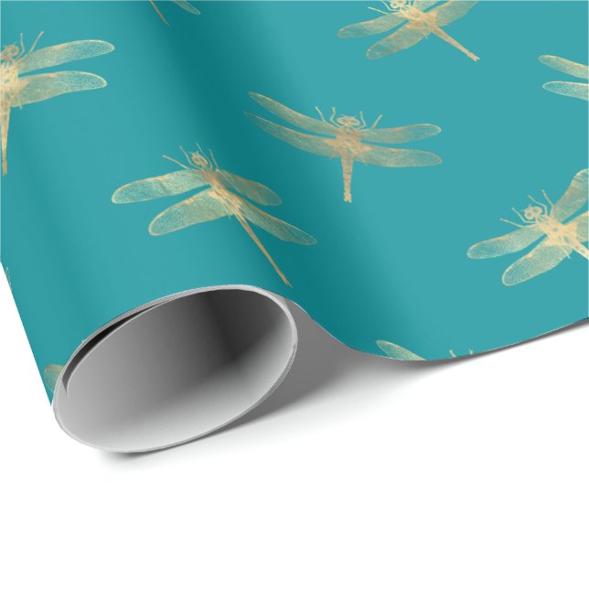 Modern Teal Guld Dragonfly Mönster Presentpapper (Rullad Hörn)