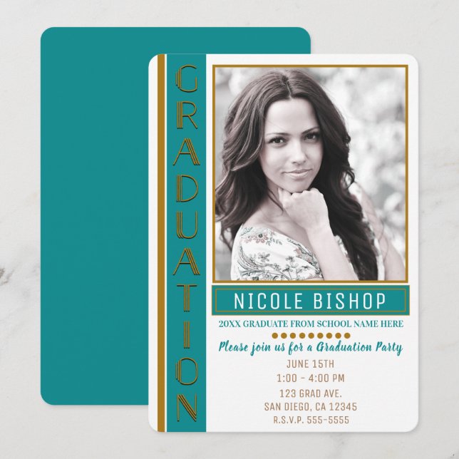 Modern teal guld examensfest examenfoto inbjudningar (Fram/baksida)
