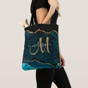 Modern Teal Guld Glitter Agate Monogram Namn Tygkasse