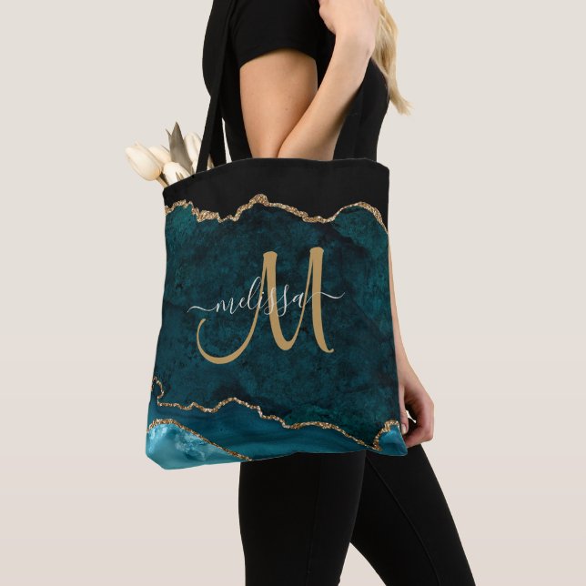 Modern Teal Guld Glitter Agate Monogram Namn Tygkasse (Närbild)